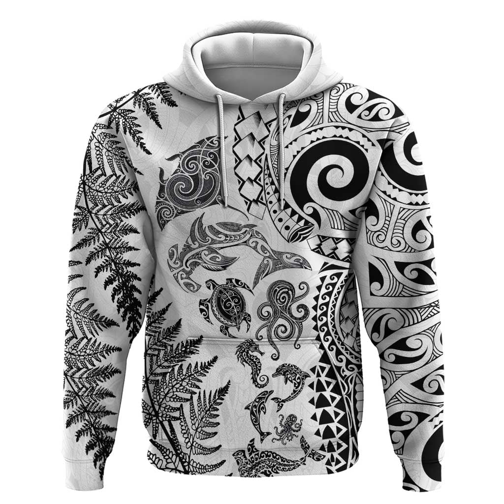 New Zealand Sea Animals Hoodie with Maori Koru Tribal Tattoo and Silver Ferns White Color LT03 Pullover Hoodie White - Polynesian Pride