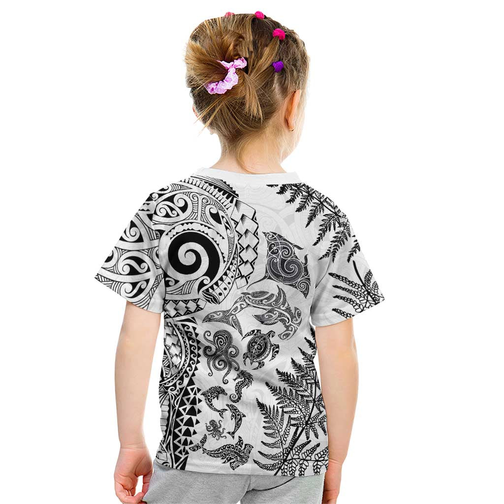 New Zealand Sea Animals Kid T Shirt with Maori Koru Tribal Tattoo and Silver Ferns White Color LT03 - Polynesian Pride