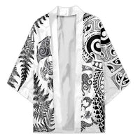 New Zealand Sea Animals Kimono with Maori Koru Tribal Tattoo and Silver Ferns White Color LT03 Unisex White - Polynesian Pride