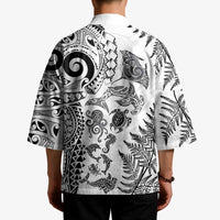 New Zealand Sea Animals Kimono with Maori Koru Tribal Tattoo and Silver Ferns White Color LT03 - Polynesian Pride