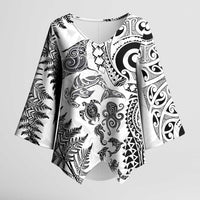 New Zealand Sea Animals Kimono Sleeve Blouse with Maori Koru Tribal Tattoo and Silver Ferns White Color LT03 Female White - Polynesian Pride