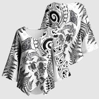 New Zealand Sea Animals Kimono Sleeve Blouse with Maori Koru Tribal Tattoo and Silver Ferns White Color LT03 - Polynesian Pride
