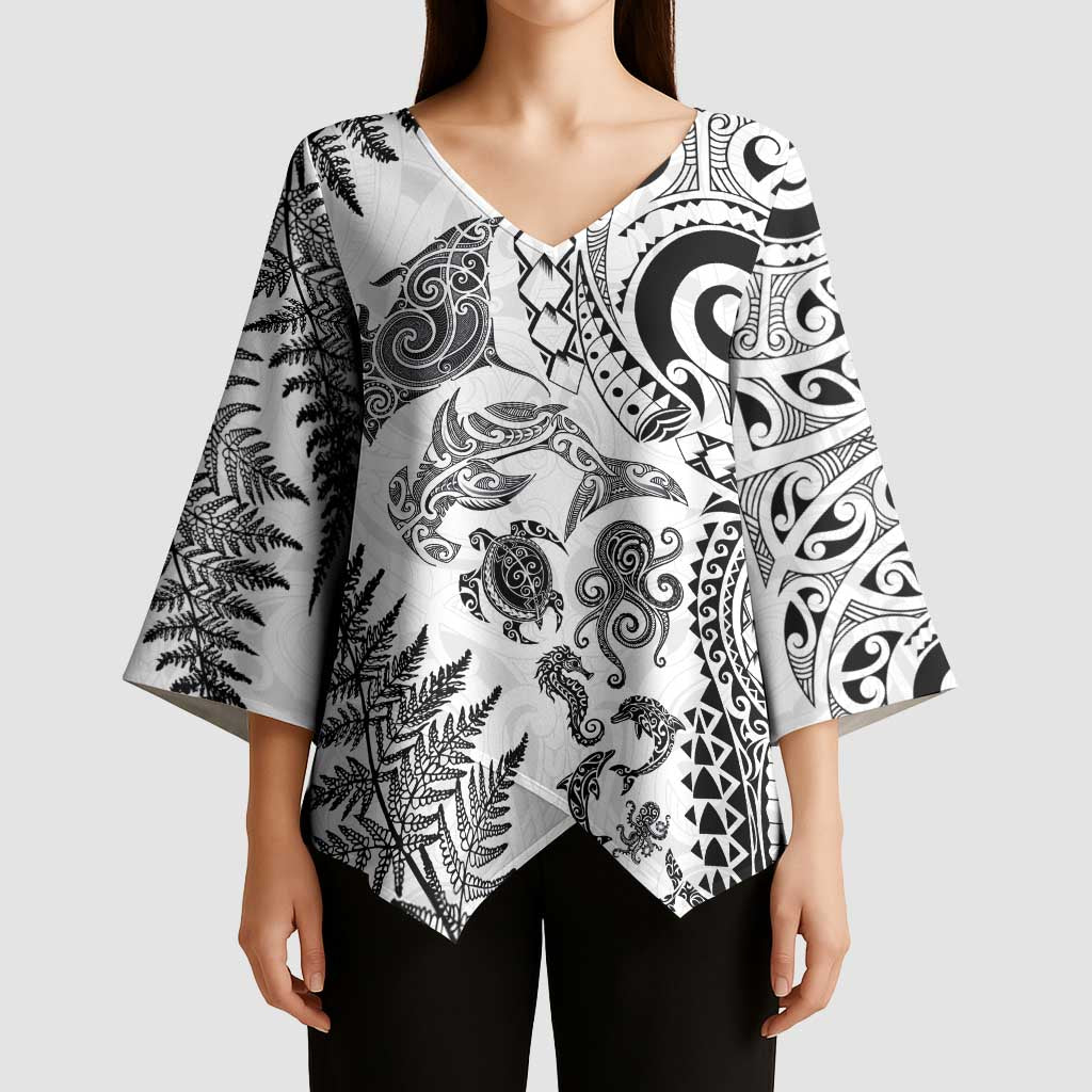 New Zealand Sea Animals Kimono Sleeve Blouse with Maori Koru Tribal Tattoo and Silver Ferns White Color LT03 - Polynesian Pride