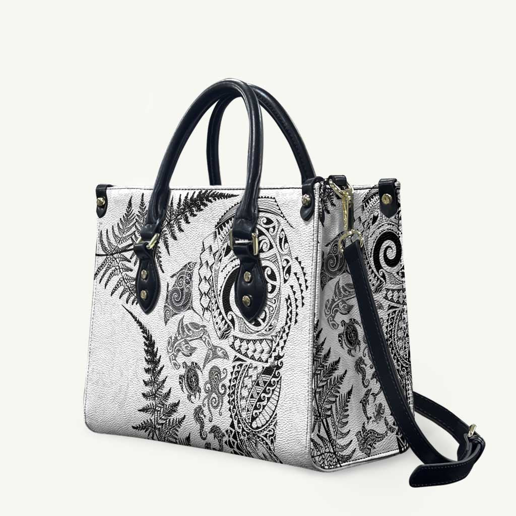New Zealand Sea Animals Leather Bag with Maori Koru Tribal Tattoo and Silver Ferns White Color LT03 White - Polynesian Pride
