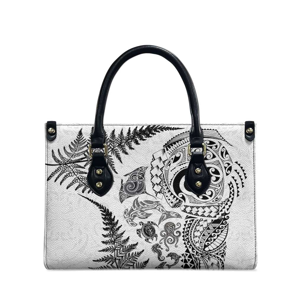 New Zealand Sea Animals Leather Bag with Maori Koru Tribal Tattoo and Silver Ferns White Color LT03 - Polynesian Pride