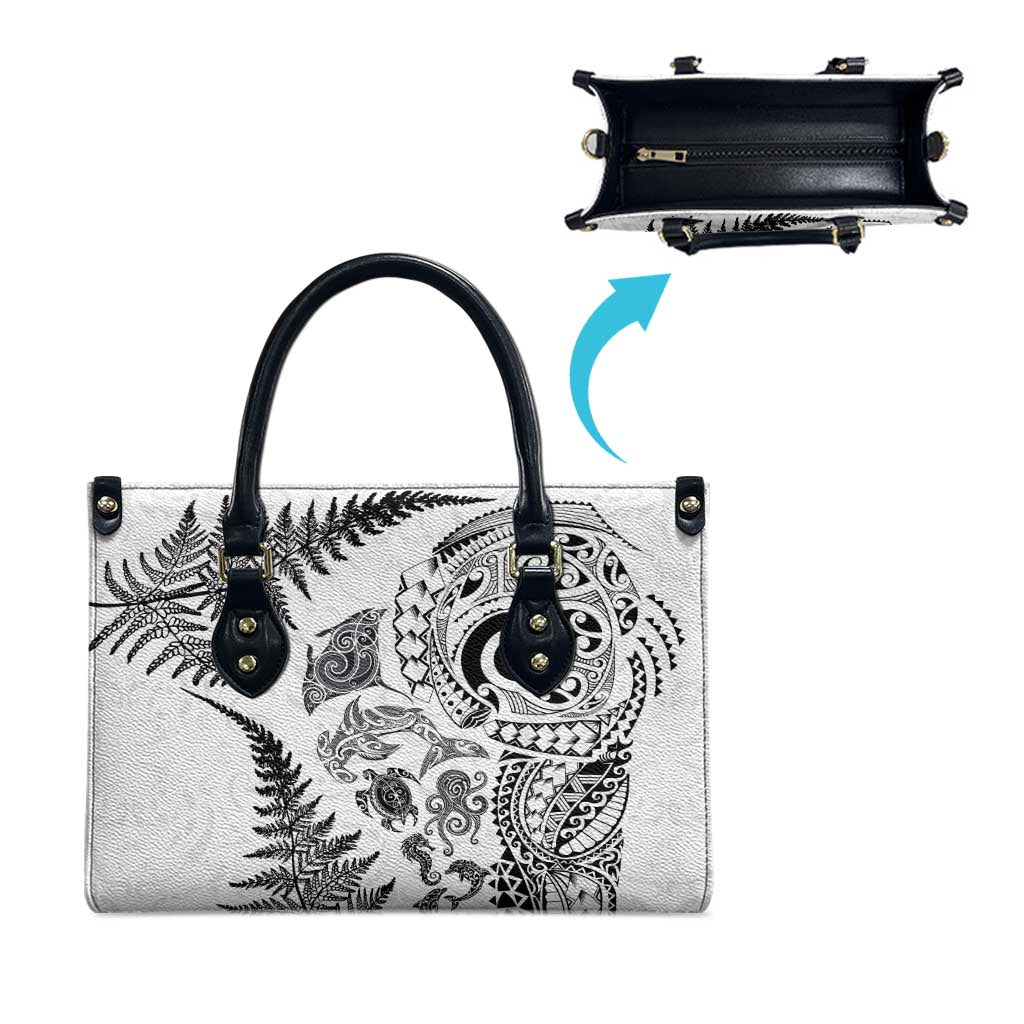 New Zealand Sea Animals Leather Bag with Maori Koru Tribal Tattoo and Silver Ferns White Color LT03 - Polynesian Pride