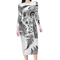 New Zealand Sea Animals Long Sleeve Bodycon Dress with Maori Koru Tribal Tattoo and Silver Ferns White Color LT03 Long Dress White - Polynesian Pride