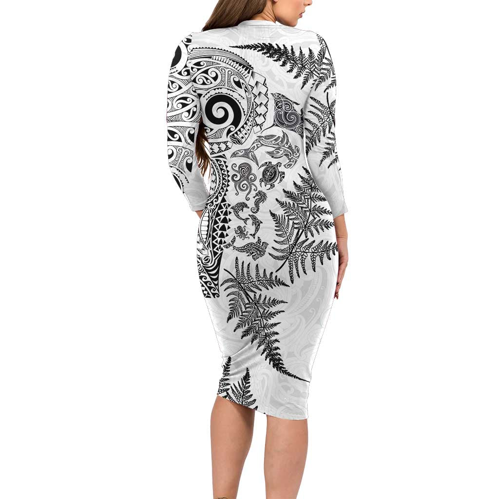 New Zealand Sea Animals Long Sleeve Bodycon Dress with Maori Koru Tribal Tattoo and Silver Ferns White Color LT03 - Polynesian Pride