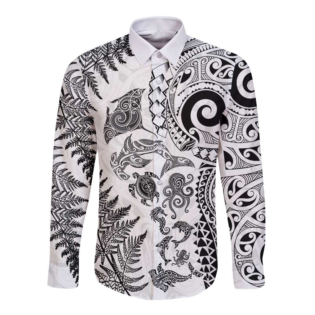 New Zealand Sea Animals Long Sleeve Button Shirt with Maori Koru Tribal Tattoo and Silver Ferns White Color LT03 Unisex White - Polynesian Pride