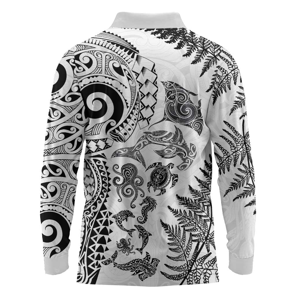 New Zealand Sea Animals Long Sleeve Polo Shirt with Maori Koru Tribal Tattoo and Silver Ferns White Color LT03 - Polynesian Pride