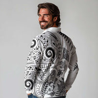 New Zealand Sea Animals Long Sleeve Polo Shirt with Maori Koru Tribal Tattoo and Silver Ferns White Color LT03 - Polynesian Pride