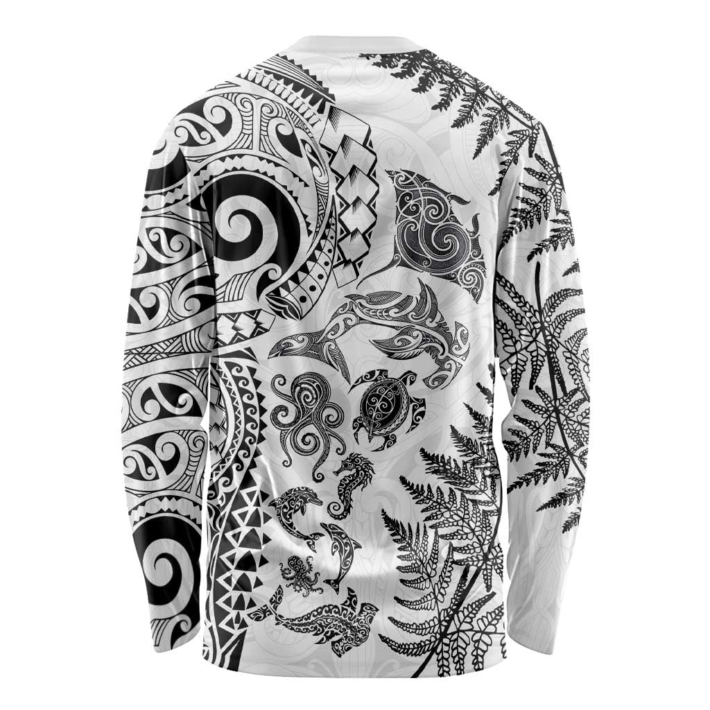 New Zealand Sea Animals Long Sleeve Shirt with Maori Koru Tribal Tattoo and Silver Ferns White Color LT03 - Polynesian Pride