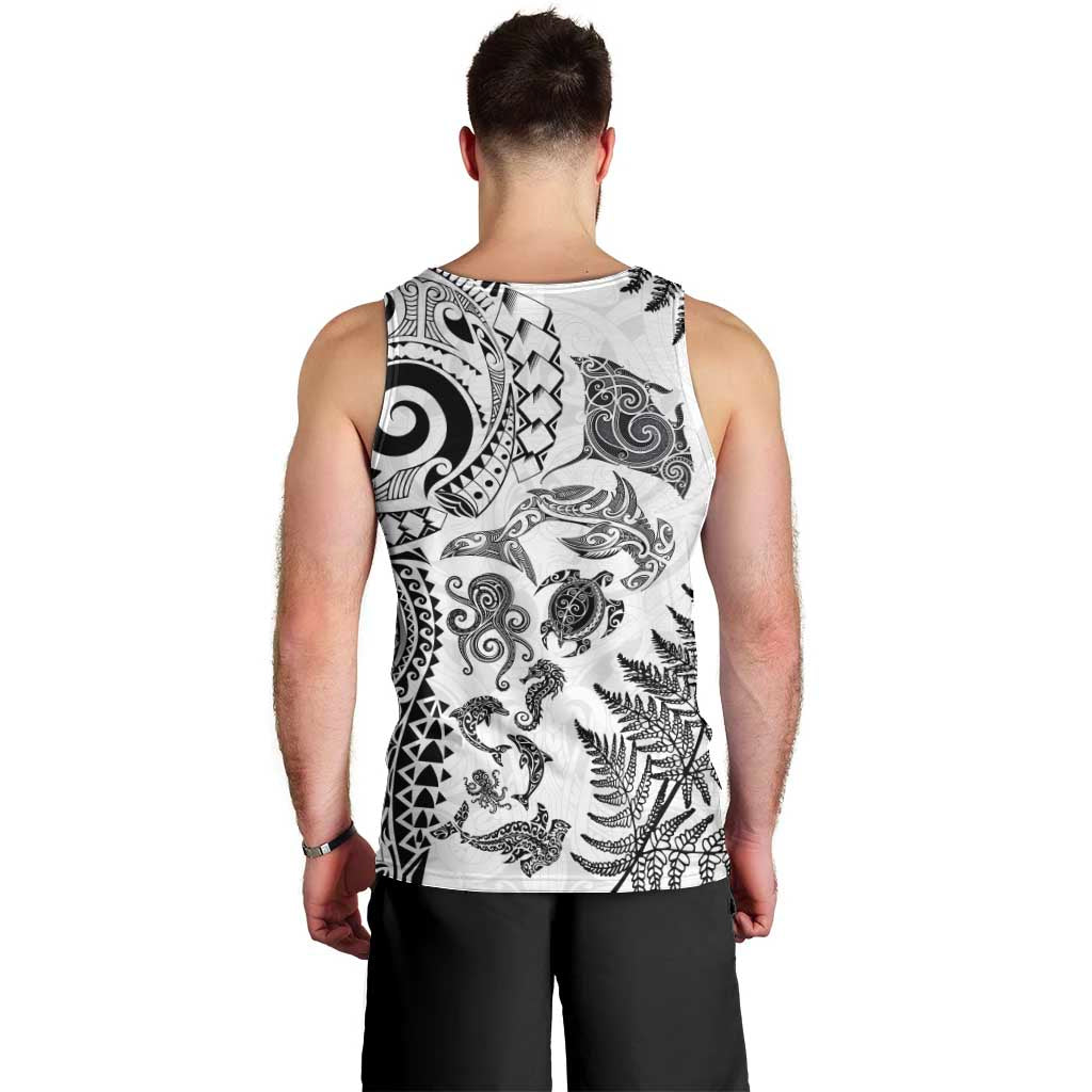 New Zealand Sea Animals Men Tank Top with Maori Koru Tribal Tattoo and Silver Ferns White Color LT03 - Polynesian Pride