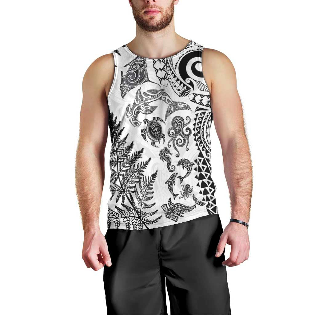 New Zealand Sea Animals Men Tank Top with Maori Koru Tribal Tattoo and Silver Ferns White Color LT03 - Polynesian Pride