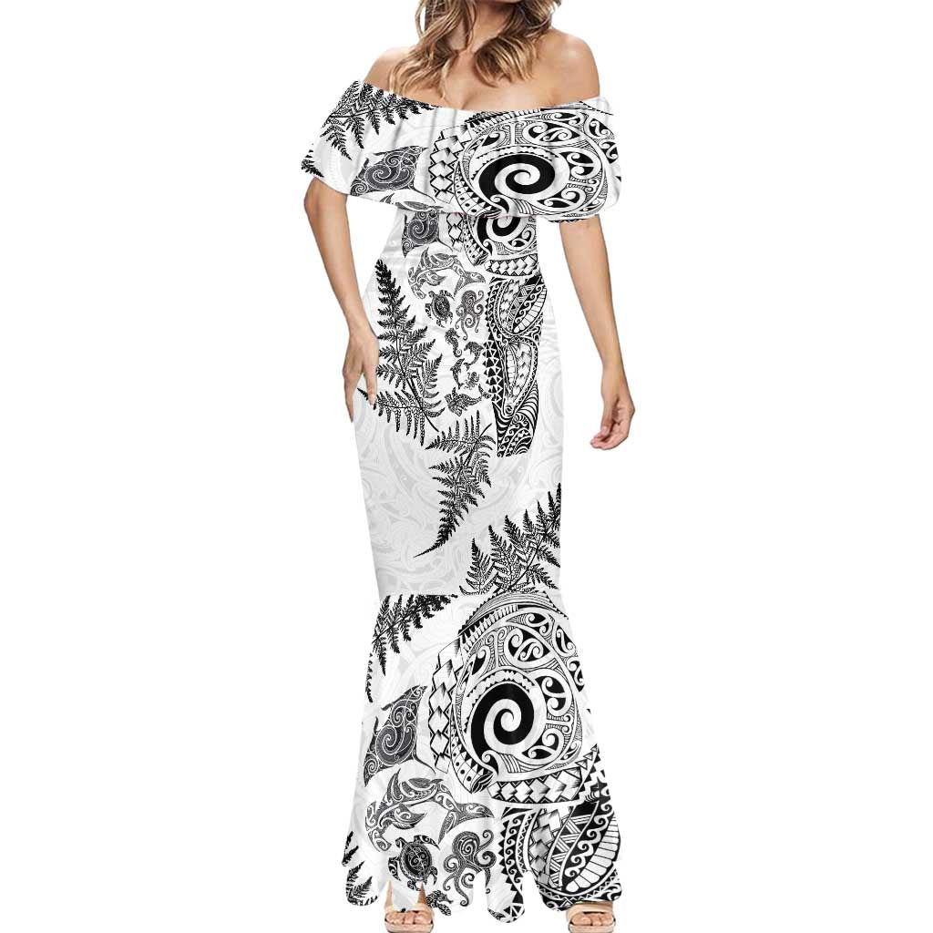 New Zealand Sea Animals Mermaid Dress with Maori Koru Tribal Tattoo and Silver Ferns White Color LT03 - Polynesian Pride