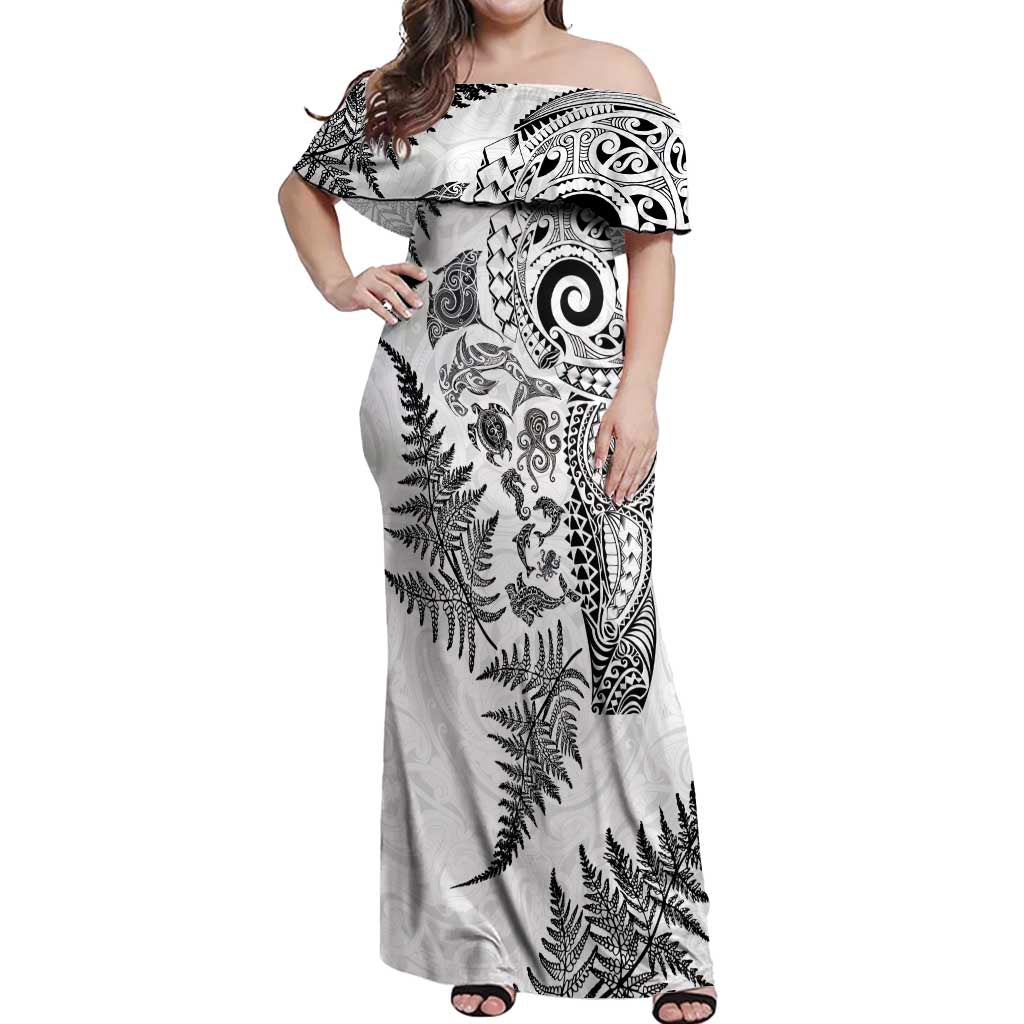New Zealand Sea Animals Off Shoulder Maxi Dress with Maori Koru Tribal Tattoo and Silver Ferns White Color