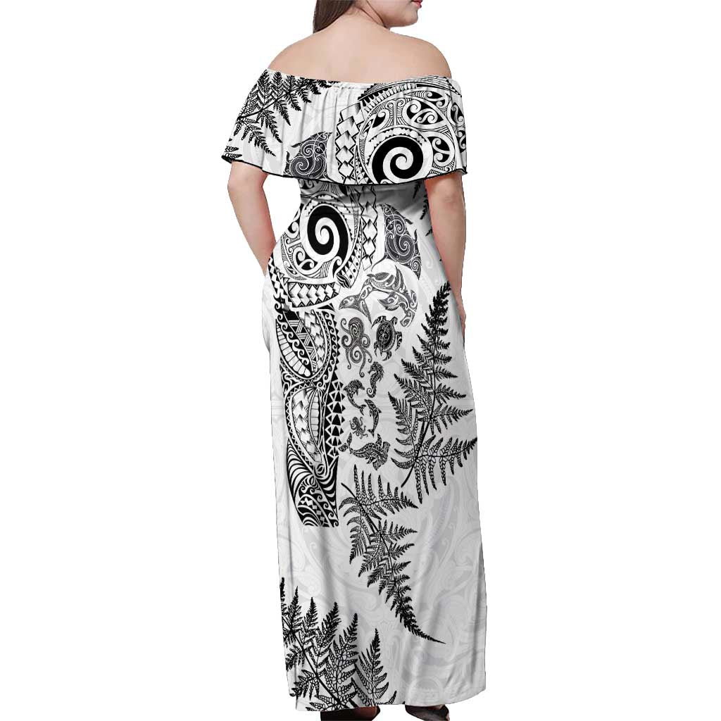 New Zealand Sea Animals Off Shoulder Maxi Dress with Maori Koru Tribal Tattoo and Silver Ferns White Color LT03 - Polynesian Pride
