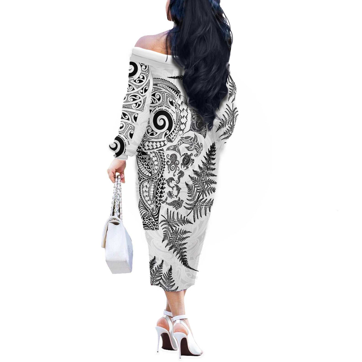 New Zealand Sea Animals Off The Shoulder Long Sleeve Dress with Maori Koru Tribal Tattoo and Silver Ferns White Color LT03 - Polynesian Pride