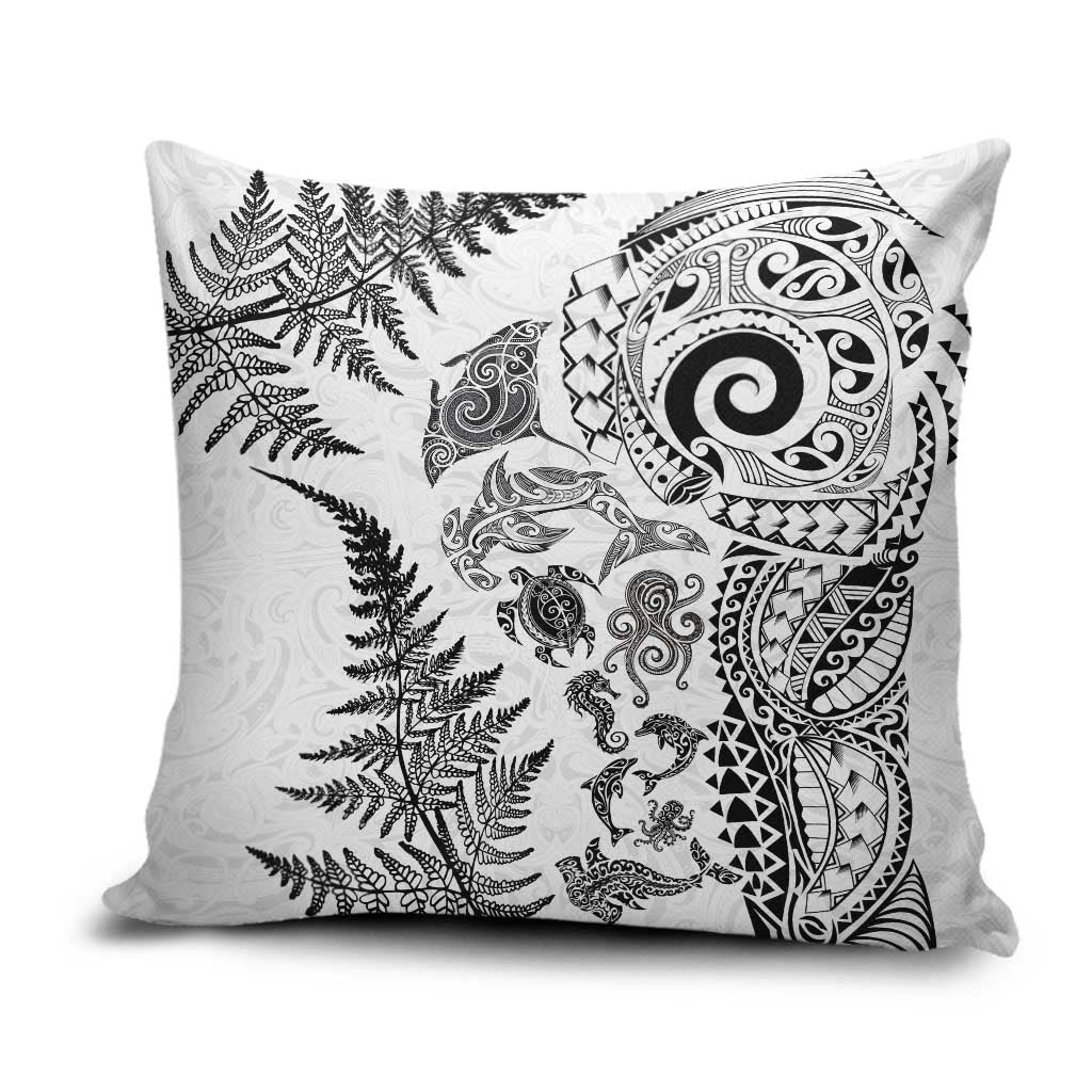 New Zealand Sea Animals Pillow Cover with Maori Koru Tribal Tattoo and Silver Ferns White Color LT03 White - Polynesian Pride