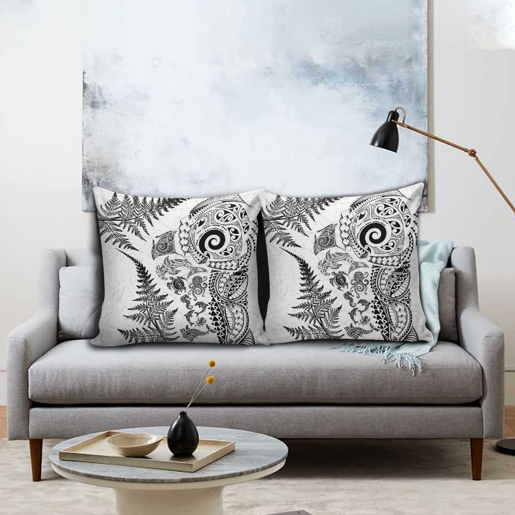 New Zealand Sea Animals Pillow Cover with Maori Koru Tribal Tattoo and Silver Ferns White Color LT03 - Polynesian Pride