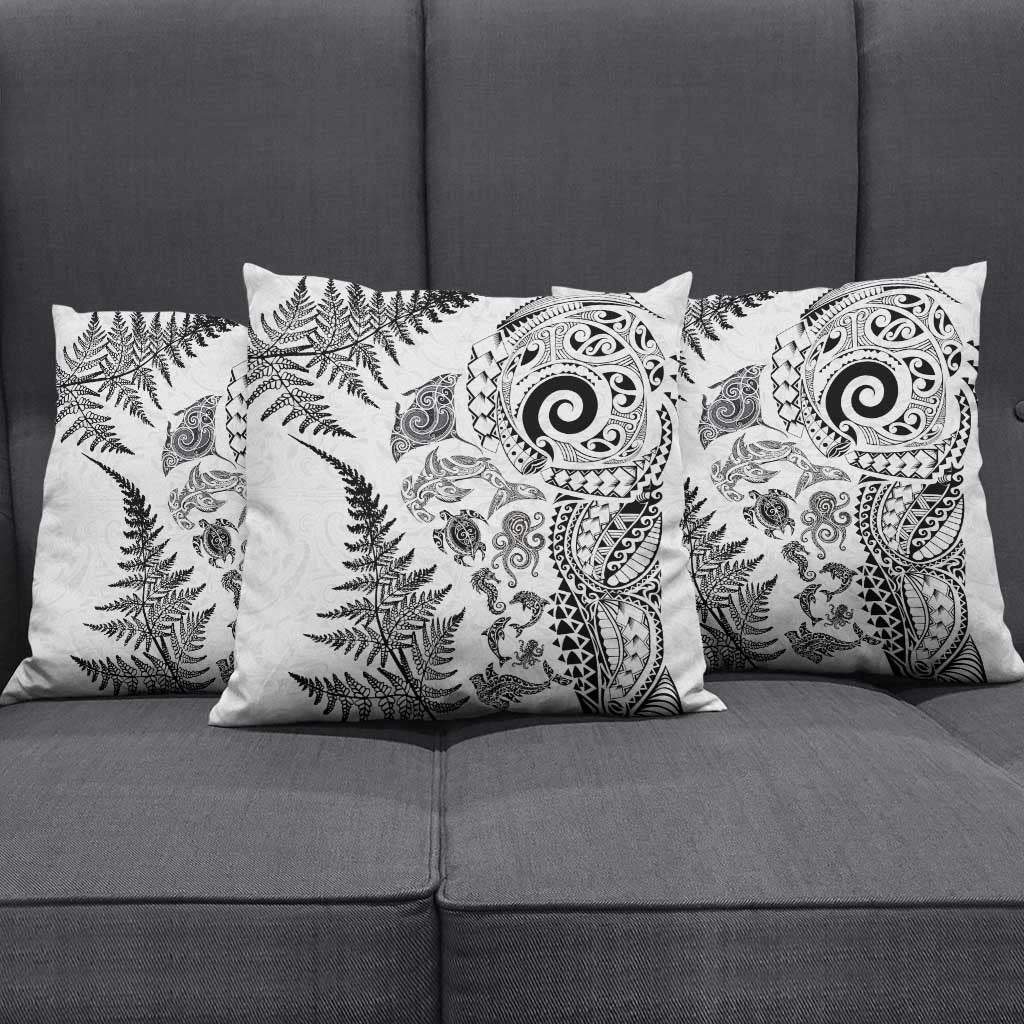 New Zealand Sea Animals Pillow Cover with Maori Koru Tribal Tattoo and Silver Ferns White Color LT03 - Polynesian Pride