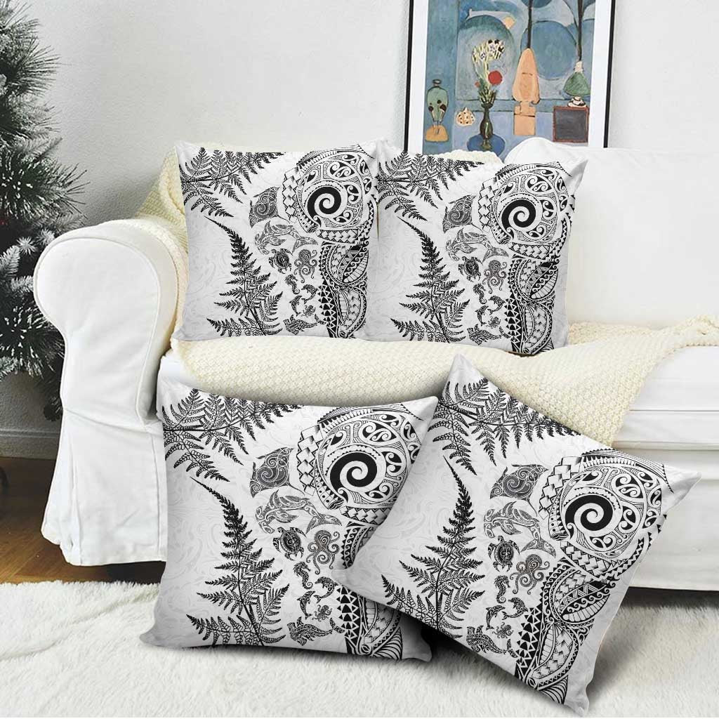 New Zealand Sea Animals Pillow Cover with Maori Koru Tribal Tattoo and Silver Ferns White Color LT03 - Polynesian Pride