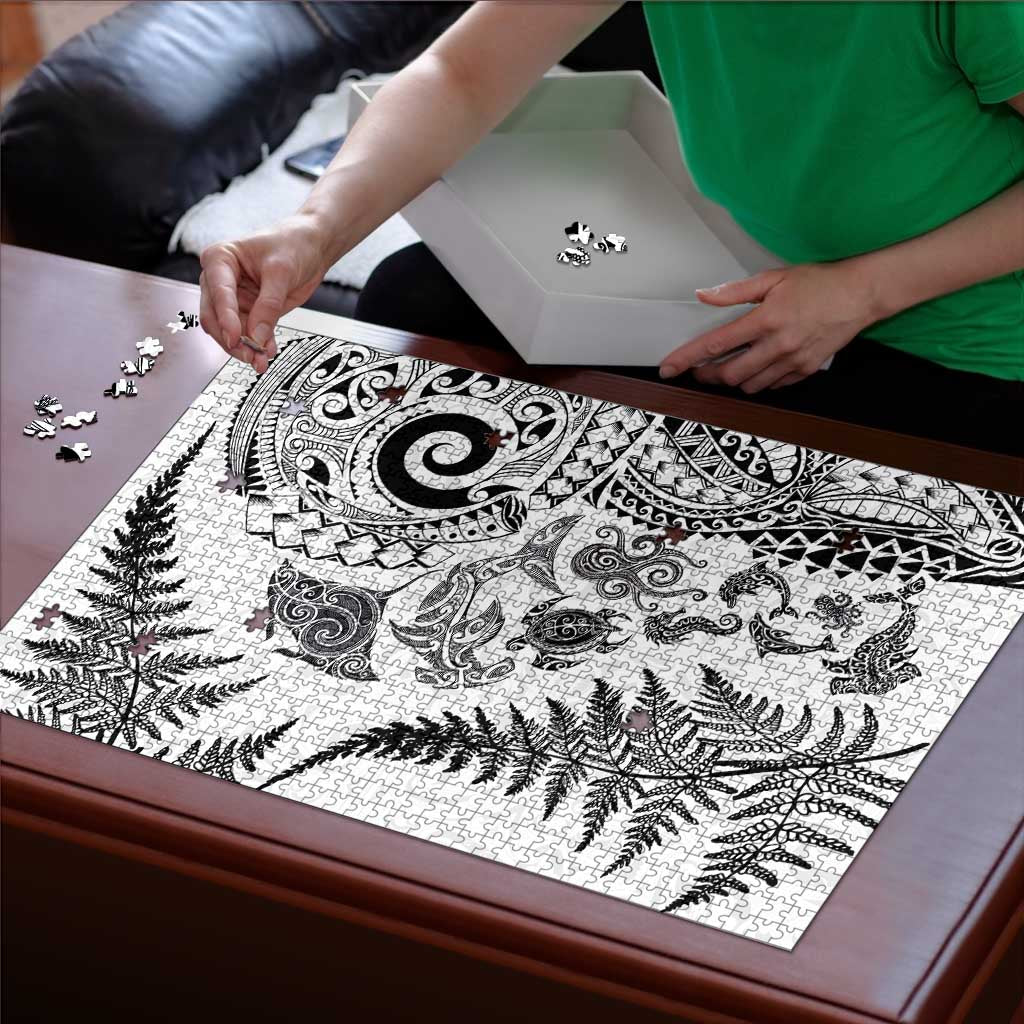 New Zealand Sea Animals Puzzle with Maori Koru Tribal Tattoo and Silver Ferns White Color LT03 - Polynesian Pride