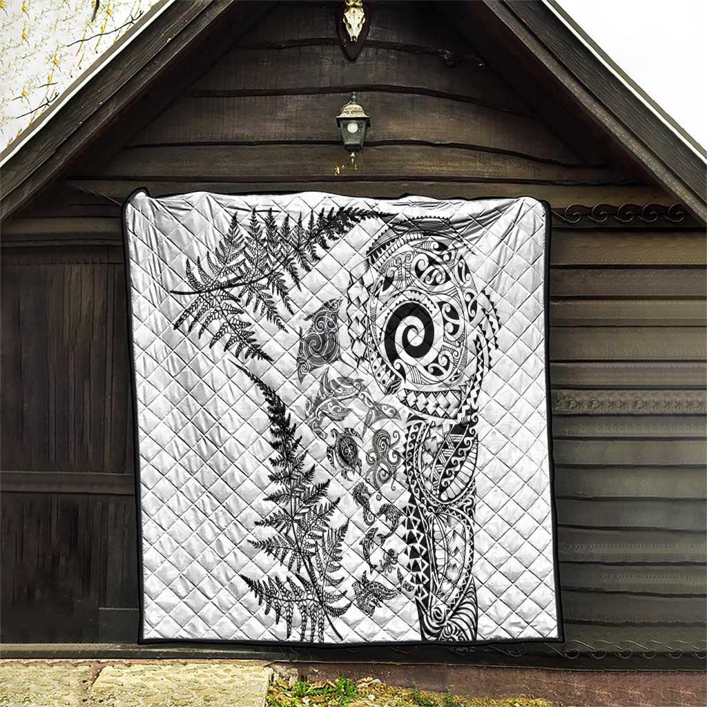 New Zealand Sea Animals Quilt with Maori Koru Tribal Tattoo and Silver Ferns White Color LT03 - Polynesian Pride