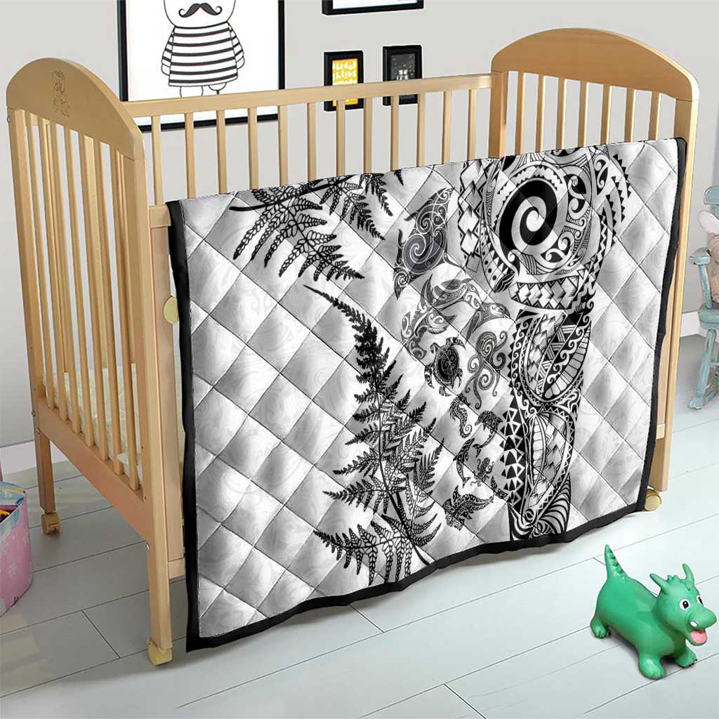 New Zealand Sea Animals Quilt with Maori Koru Tribal Tattoo and Silver Ferns White Color LT03 - Polynesian Pride