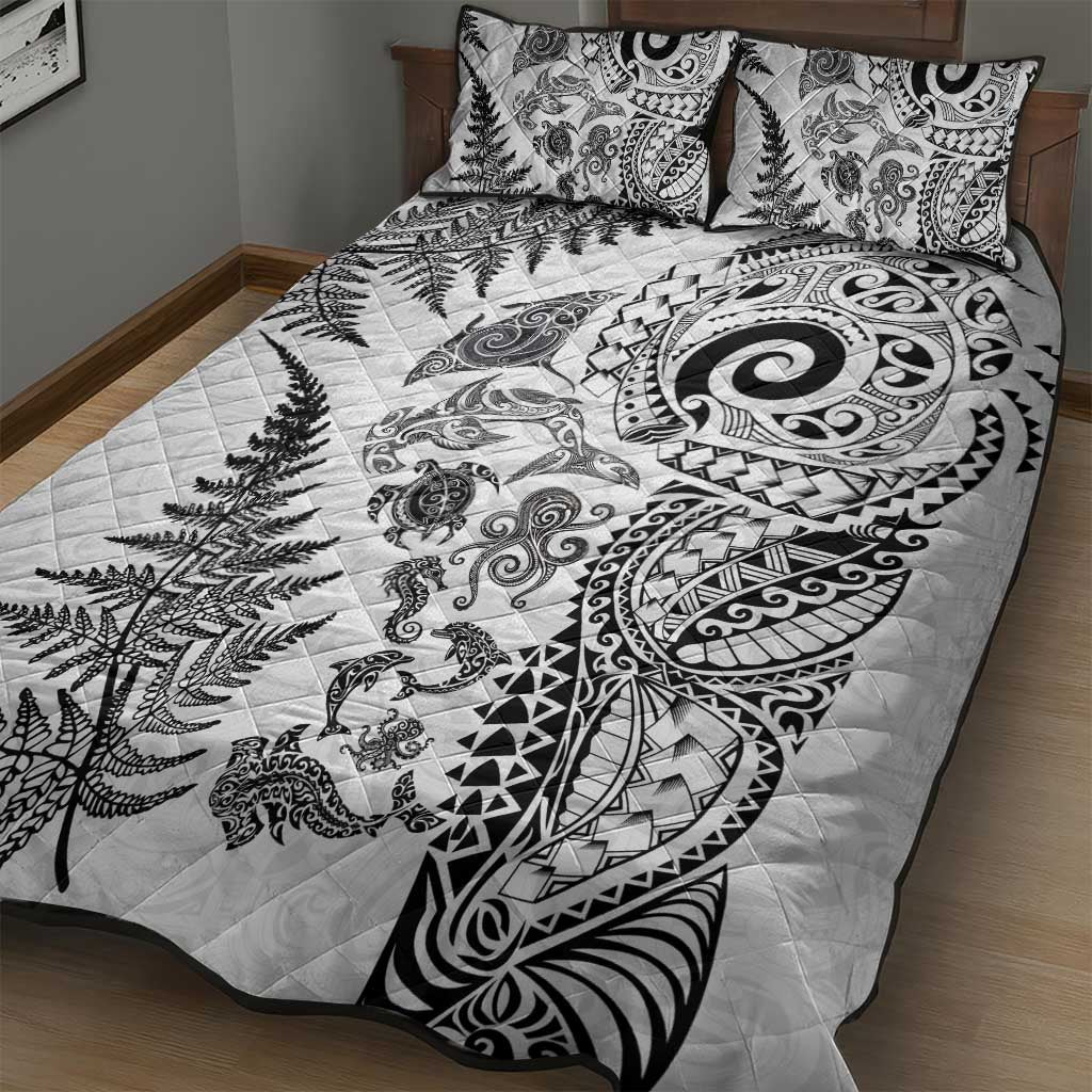 New Zealand Sea Animals Quilt Bed Set with Maori Koru Tribal Tattoo and Silver Ferns White Color LT03 - Polynesian Pride