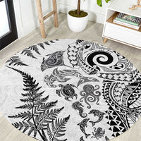 New Zealand Sea Animals Round Carpet with Maori Koru Tribal Tattoo and Silver Ferns White Color LT03 White - Polynesian Pride