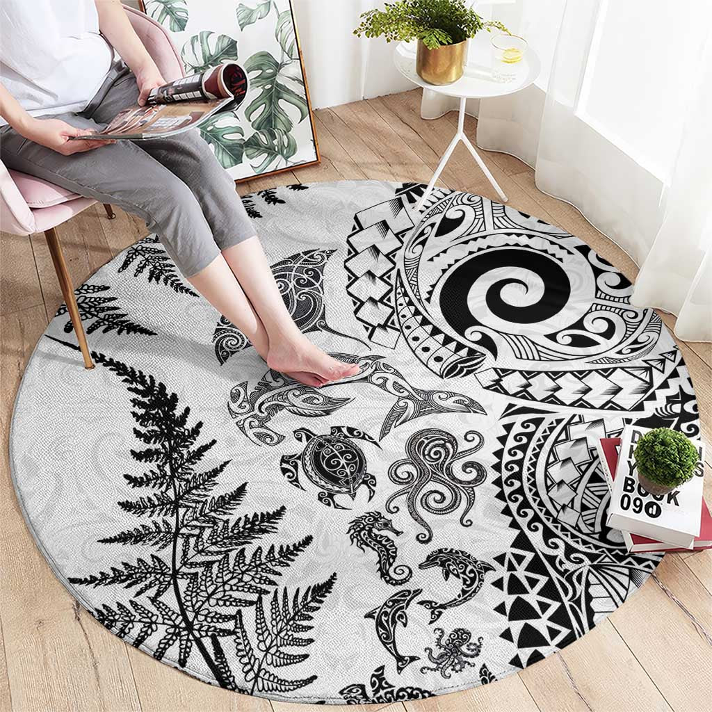 New Zealand Sea Animals Round Carpet with Maori Koru Tribal Tattoo and Silver Ferns White Color LT03 - Polynesian Pride