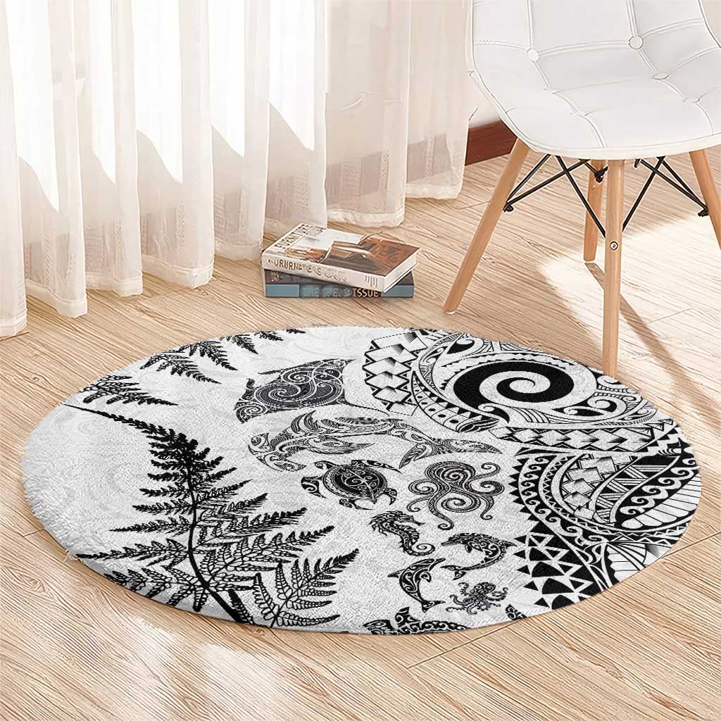 New Zealand Sea Animals Round Carpet with Maori Koru Tribal Tattoo and Silver Ferns White Color LT03 - Polynesian Pride