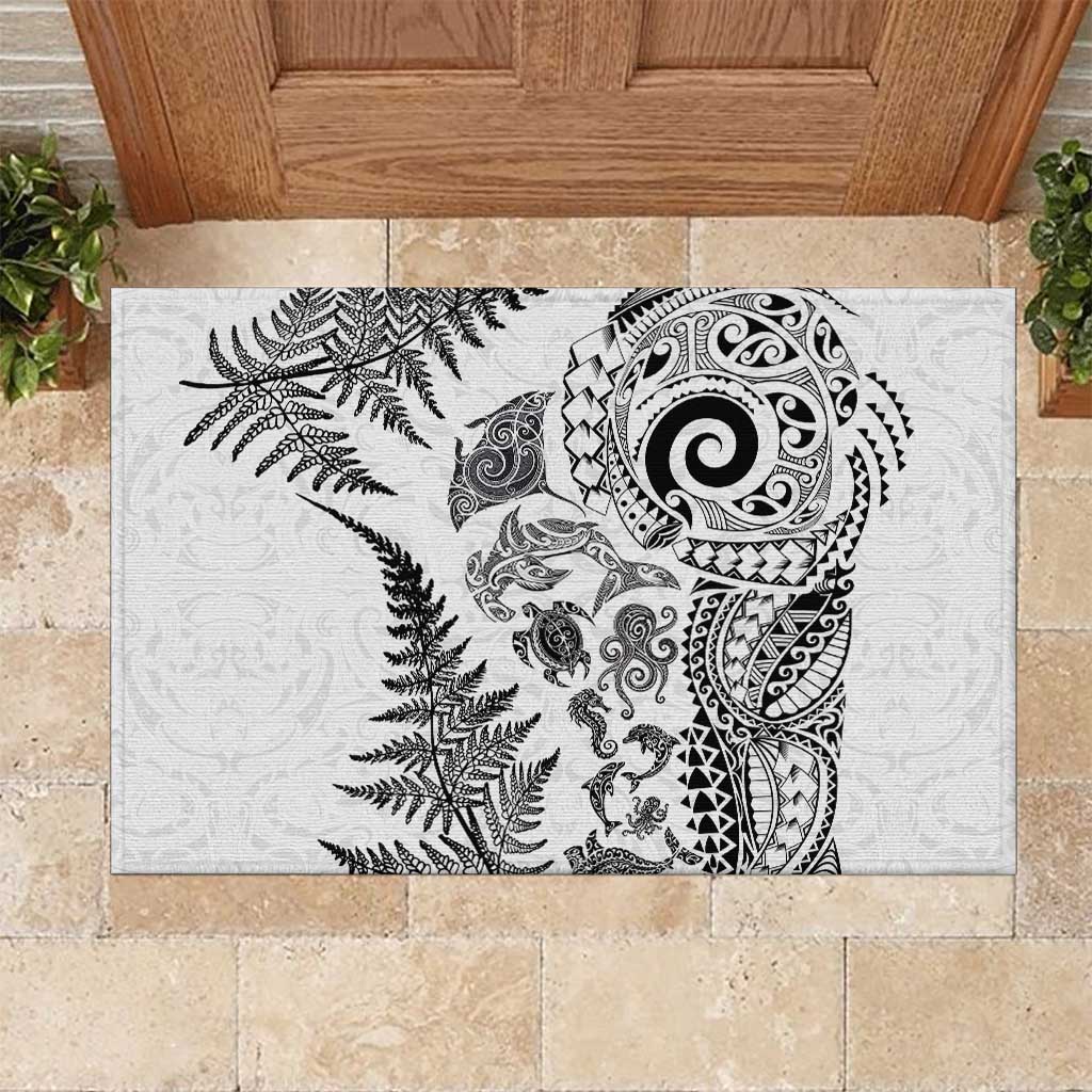 New Zealand Sea Animals Rubber Doormat with Maori Koru Tribal Tattoo and Silver Ferns White Color LT03 White - Polynesian Pride