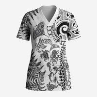 New Zealand Sea Animals Scrub Top with Maori Koru Tribal Tattoo and Silver Ferns White Color LT03 Adult White - Polynesian Pride