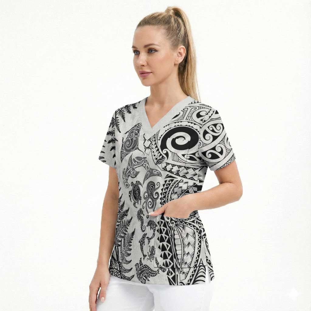 New Zealand Sea Animals Scrub Top with Maori Koru Tribal Tattoo and Silver Ferns White Color LT03 - Polynesian Pride