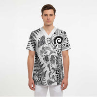 New Zealand Sea Animals Scrub Top with Maori Koru Tribal Tattoo and Silver Ferns White Color LT03 - Polynesian Pride