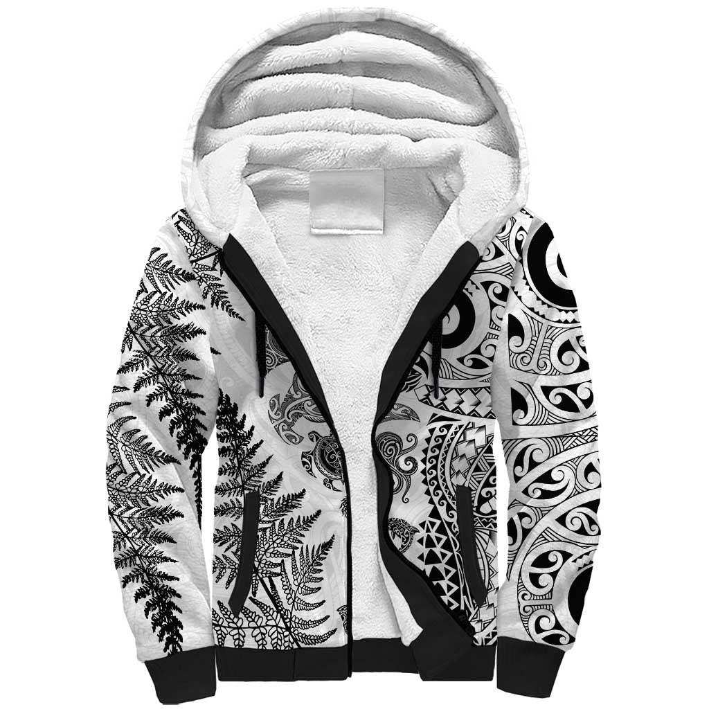 New Zealand Sea Animals Sherpa Hoodie with Maori Koru Tribal Tattoo and Silver Ferns White Color