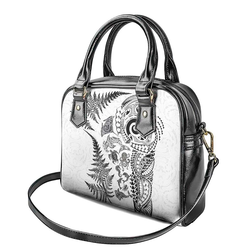 New Zealand Sea Animals Shoulder Handbag with Maori Koru Tribal Tattoo and Silver Ferns White Color LT03 - Polynesian Pride