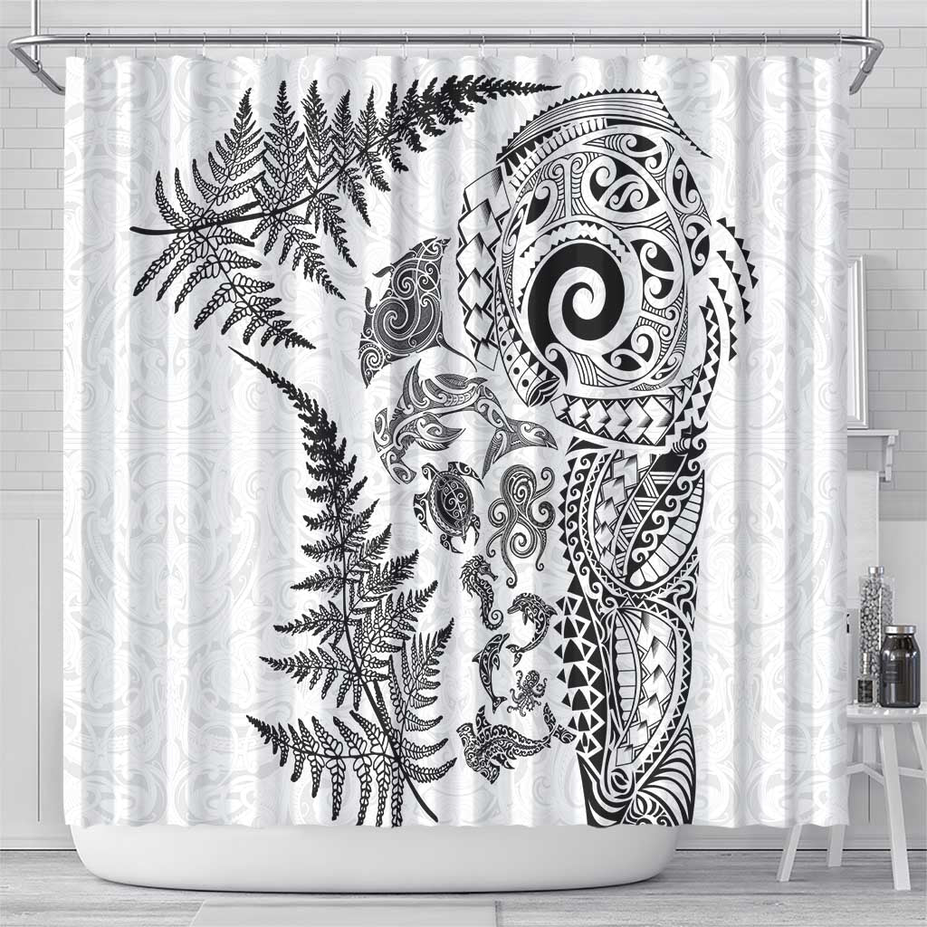 New Zealand Sea Animals Shower Curtain with Maori Koru Tribal Tattoo and Silver Ferns White Color LT03 - Polynesian Pride