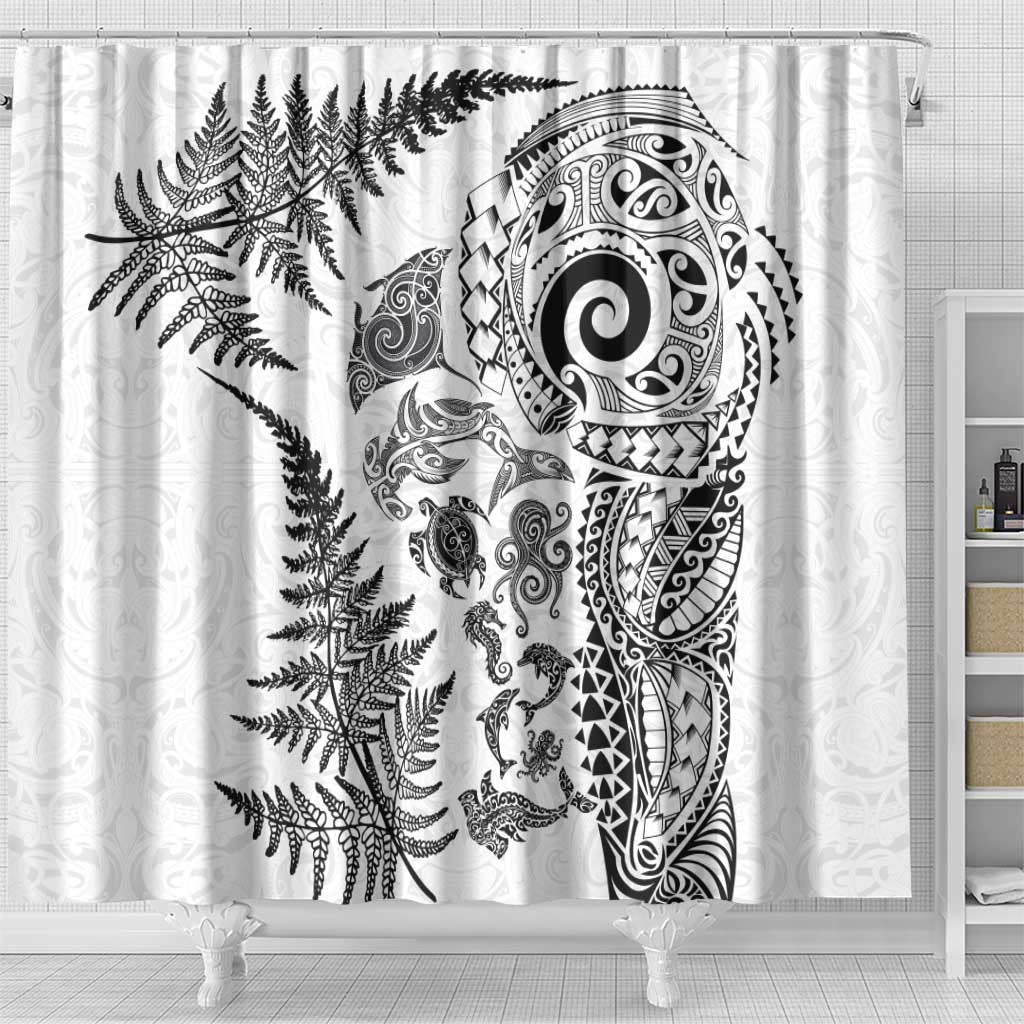 New Zealand Sea Animals Shower Curtain with Maori Koru Tribal Tattoo and Silver Ferns White Color LT03 - Polynesian Pride