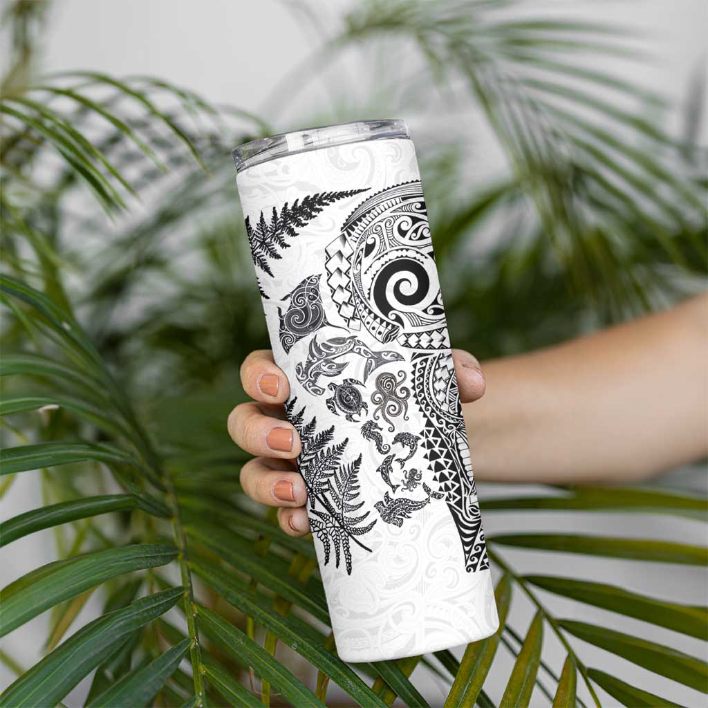 New Zealand Sea Animals Skinny Tumbler with Maori Koru Tribal Tattoo and Silver Ferns White Color LT03 - Polynesian Pride