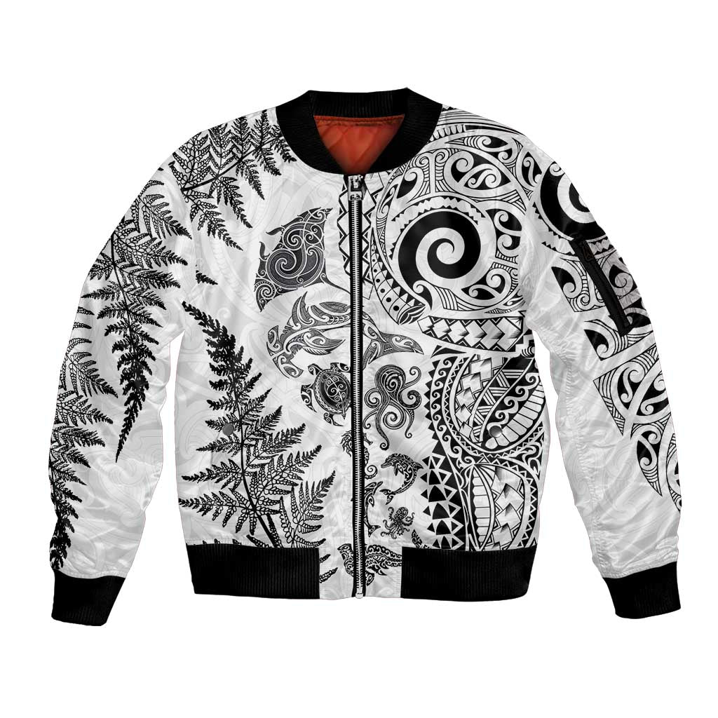 New Zealand Sea Animals Sleeve Zip Bomber Jacket with Maori Koru Tribal Tattoo and Silver Ferns White Color