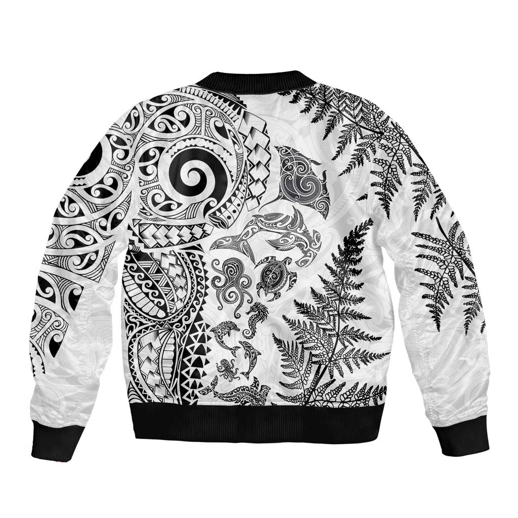New Zealand Sea Animals Sleeve Zip Bomber Jacket with Maori Koru Tribal Tattoo and Silver Ferns White Color LT03 - Polynesian Pride