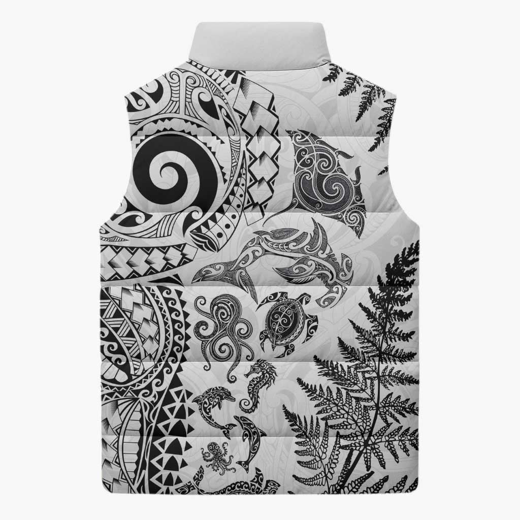 New Zealand Sea Animals Sleeveless Puffer Jacket with Maori Koru Tribal Tattoo and Silver Ferns White Color LT03 - Polynesian Pride