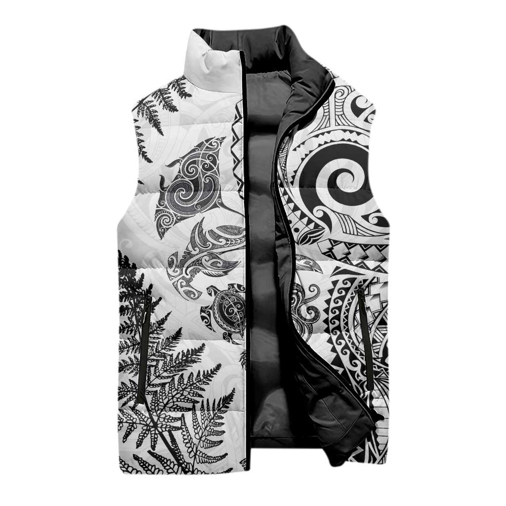 New Zealand Sea Animals Sleeveless Puffer Jacket with Maori Koru Tribal Tattoo and Silver Ferns White Color LT03 - Polynesian Pride