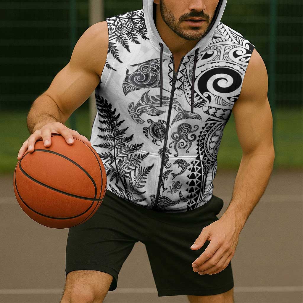 New Zealand Sea Animals Sleeveless Zip Hoodie with Maori Koru Tribal Tattoo and Silver Ferns White Color LT03 - Polynesian Pride