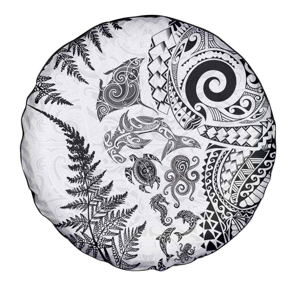 New Zealand Sea Animals Spare Tire Cover with Maori Koru Tribal Tattoo and Silver Ferns White Color LT03 - Polynesian Pride
