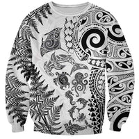New Zealand Sea Animals Sweatshirt with Maori Koru Tribal Tattoo and Silver Ferns White Color LT03 Unisex White - Polynesian Pride