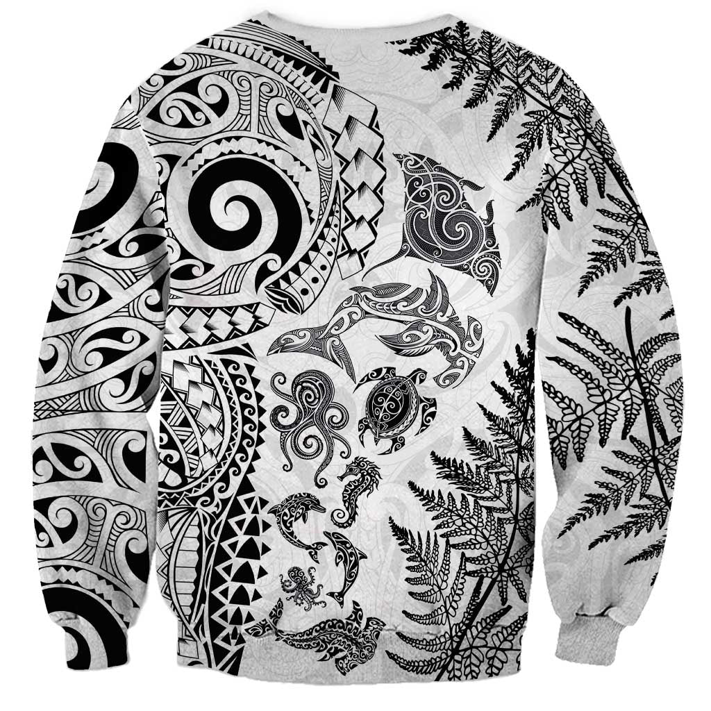 New Zealand Sea Animals Sweatshirt with Maori Koru Tribal Tattoo and Silver Ferns White Color LT03 - Polynesian Pride